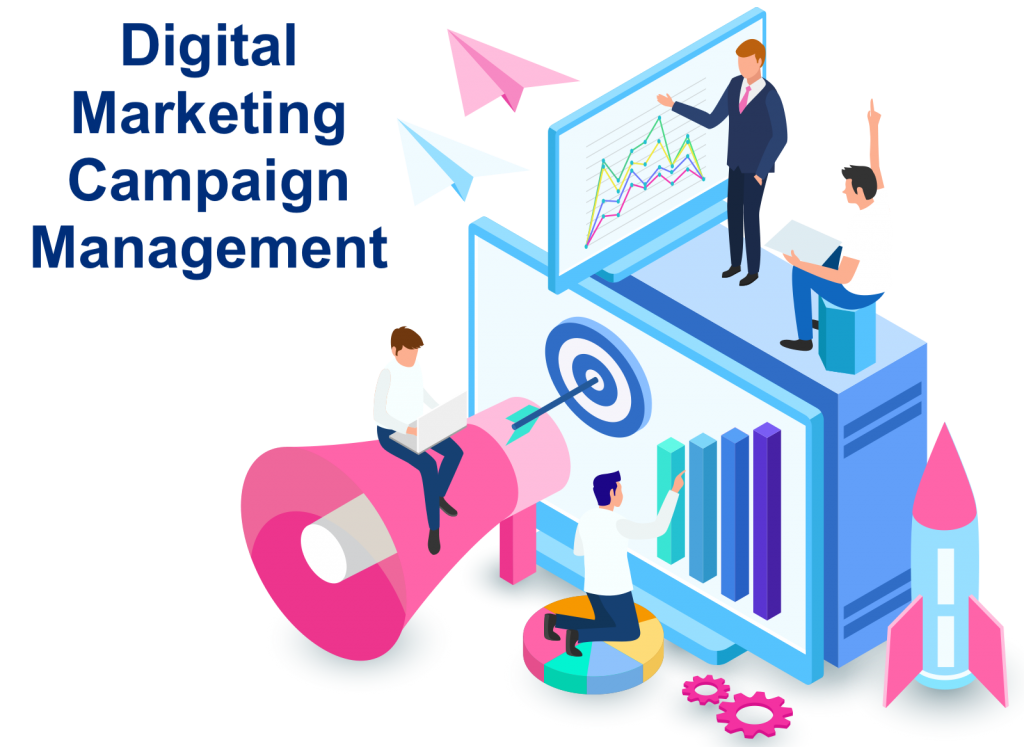  An illustration of a digital marketing campaign management service with a computer, people, and a megaphone.