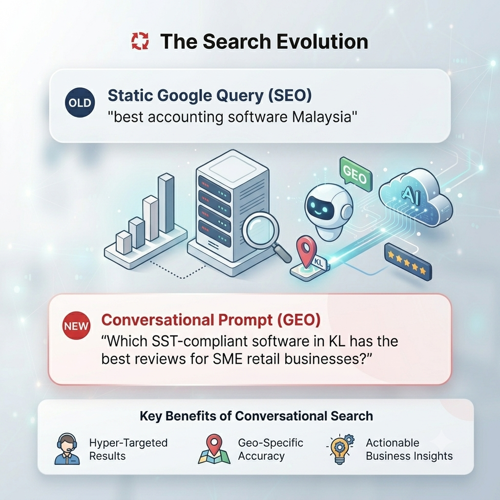 Compare SEO and GEO. Illustration show the different SEO and GEO.
